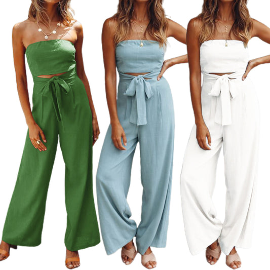 Women Strapless Belted Wide Leg Jumpsuit