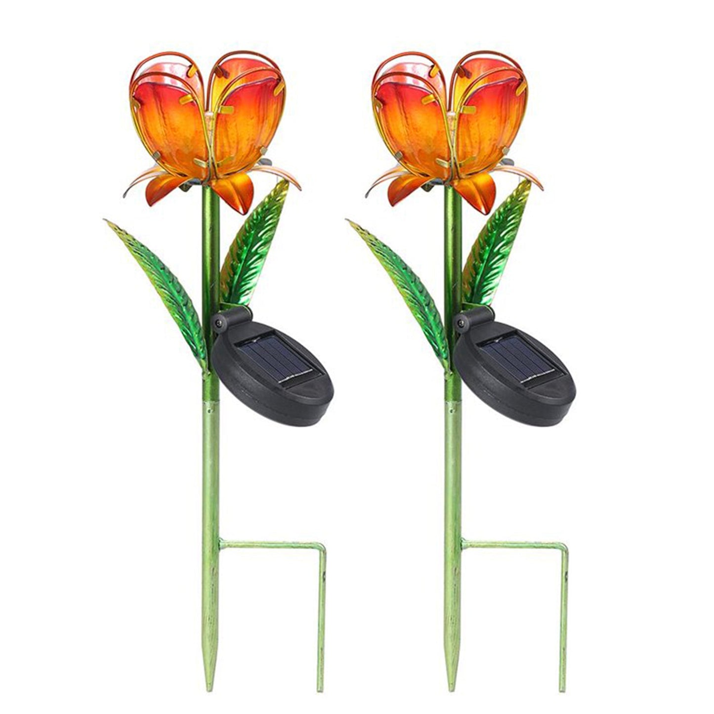 2Pcs Outdoor Solar Lights Flower Lamp Glass Petal Metal Ground Light