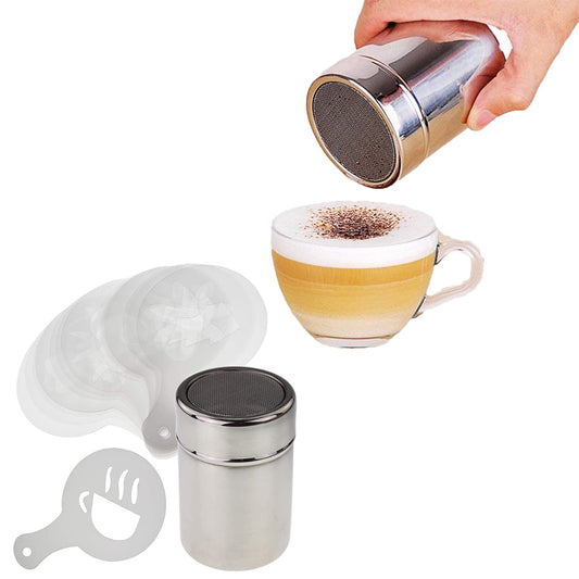 Stainless Steel Icing Sugar Cocoa Coffee Shaker with 16 Piece Coffee Stencils Set