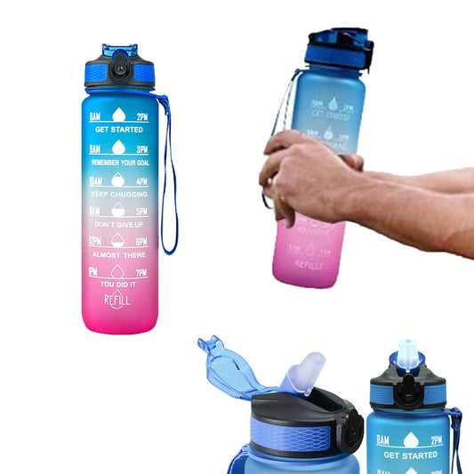 1L Water Bottle Motivational Drink Flask with Time Markings Sport Gym