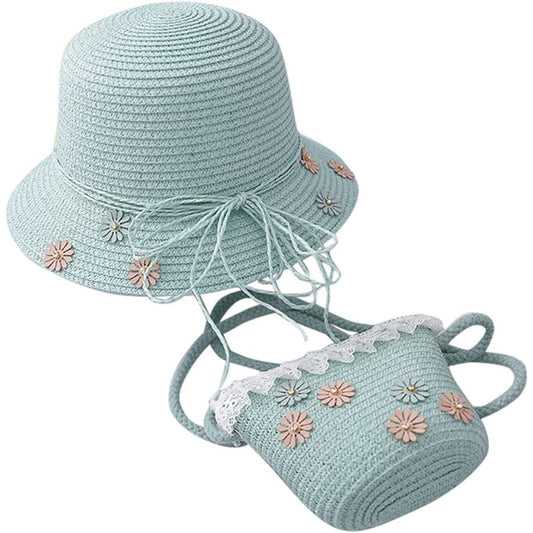 Girl Straw Hat & Bag Set Green