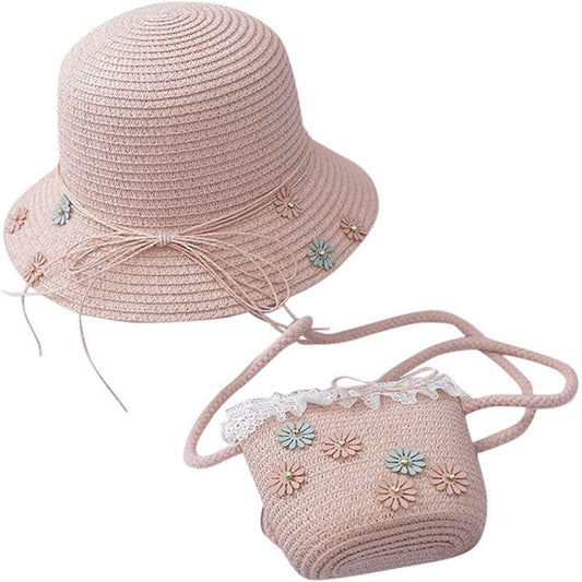 Girl Straw Hat & Bag Set Pink