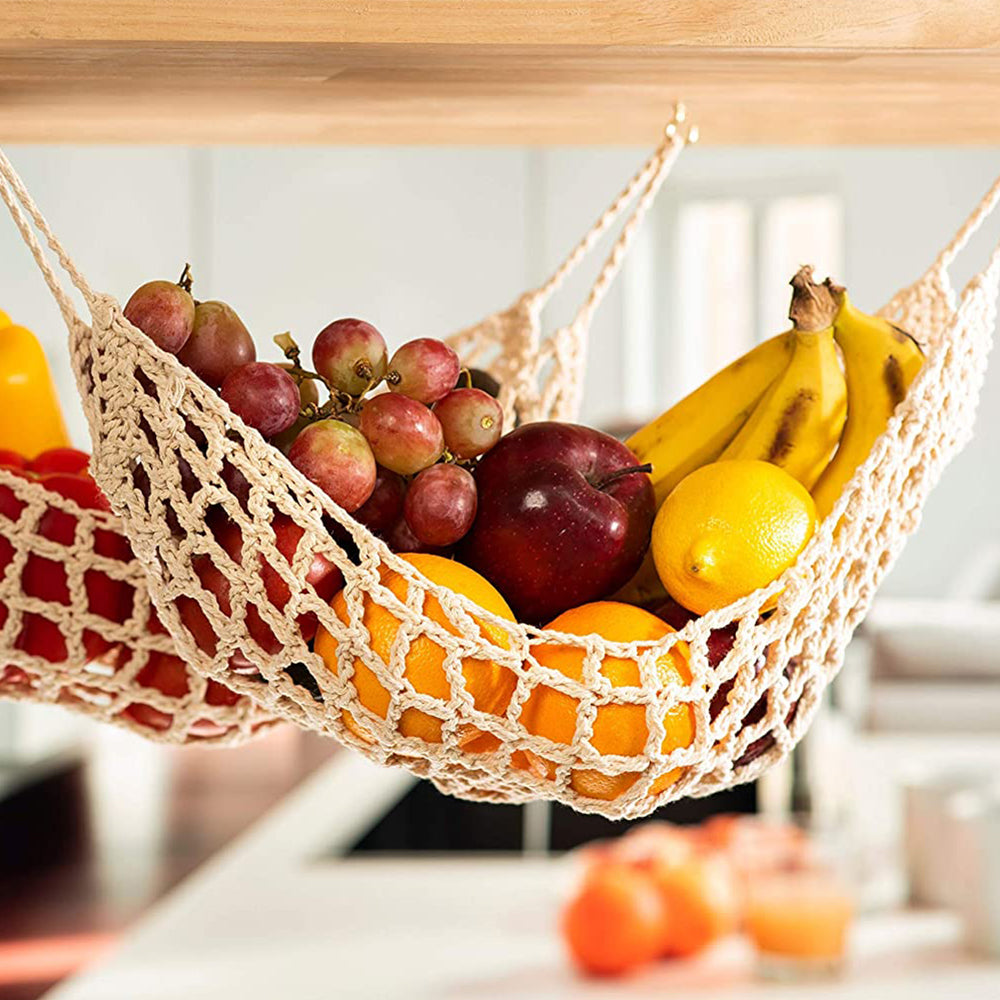 2pcs Woven Fruit Hammock Holder Cotton Under Cabinet Hanging Net Basket