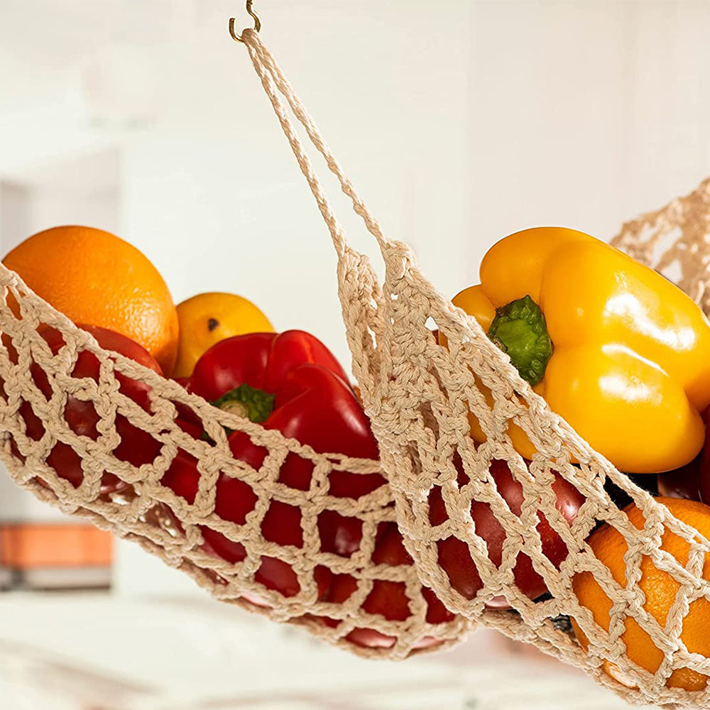 2pcs Woven Fruit Hammock Holder Cotton Under Cabinet Hanging Net Basket