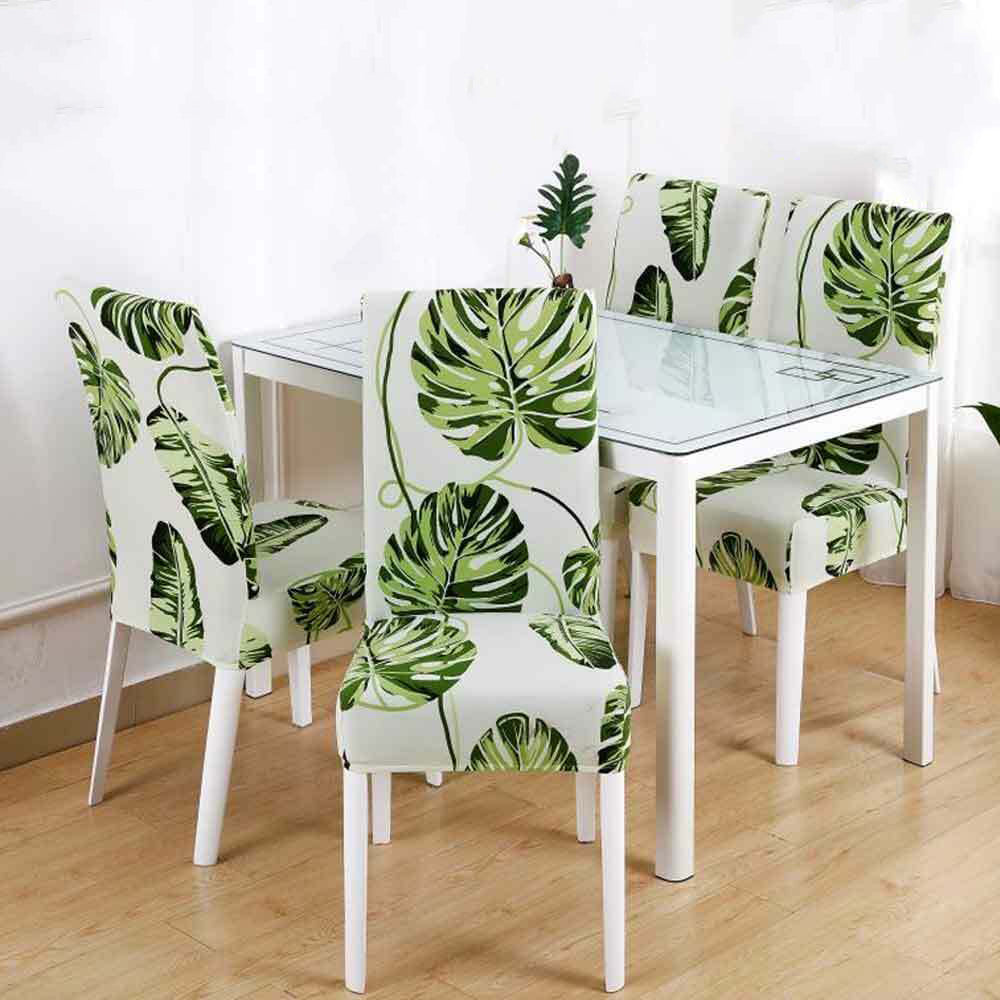 4Pcs Chair Cover Dining Elastic Spandex Anti-dirty Chair Covers-Green Leaves