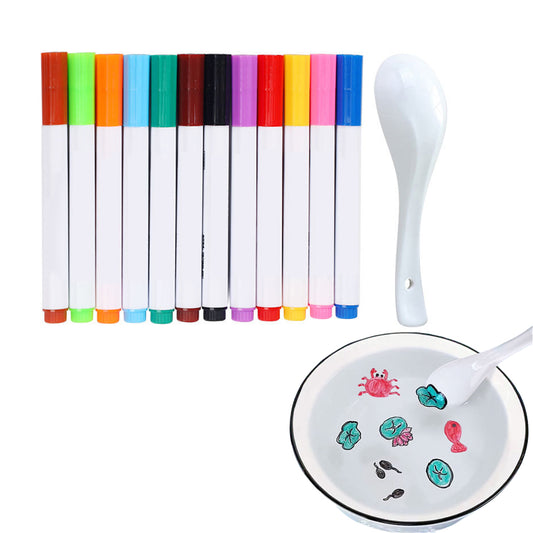 Set of 12 Colors Magical Water Floating Painting Pen with 1pc Ceramic Spoon