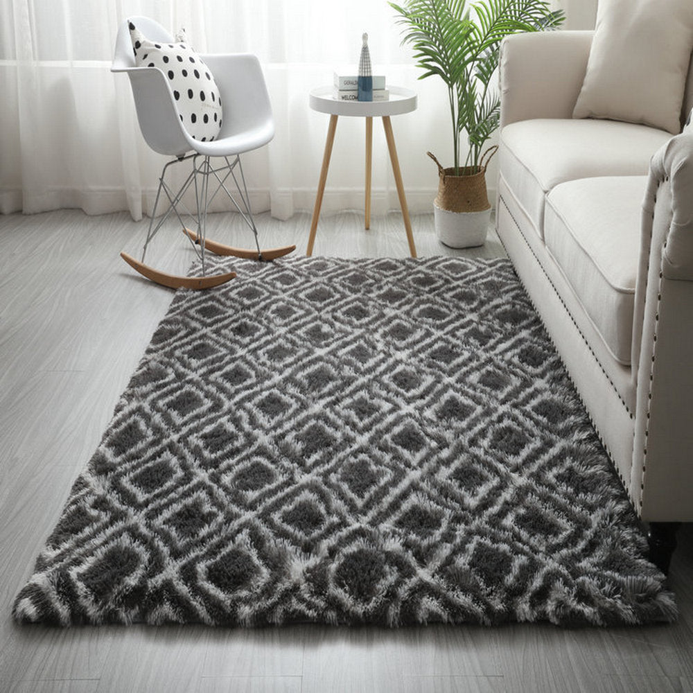 Anti SlipTie-Dyed Floor Carpet Fluffy Rug-Grey Rhombus