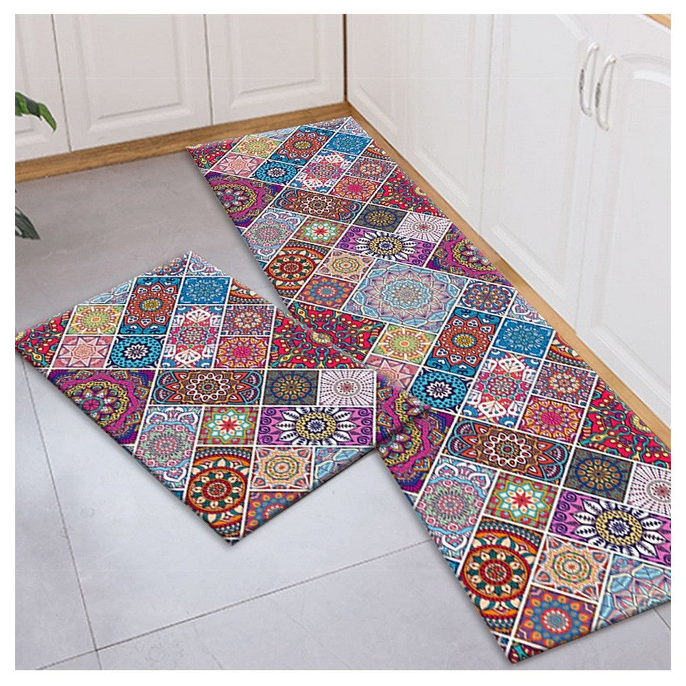 2Pcs Bohemian Kitchen Non-Slip Floor Mat Set-Round Patterns