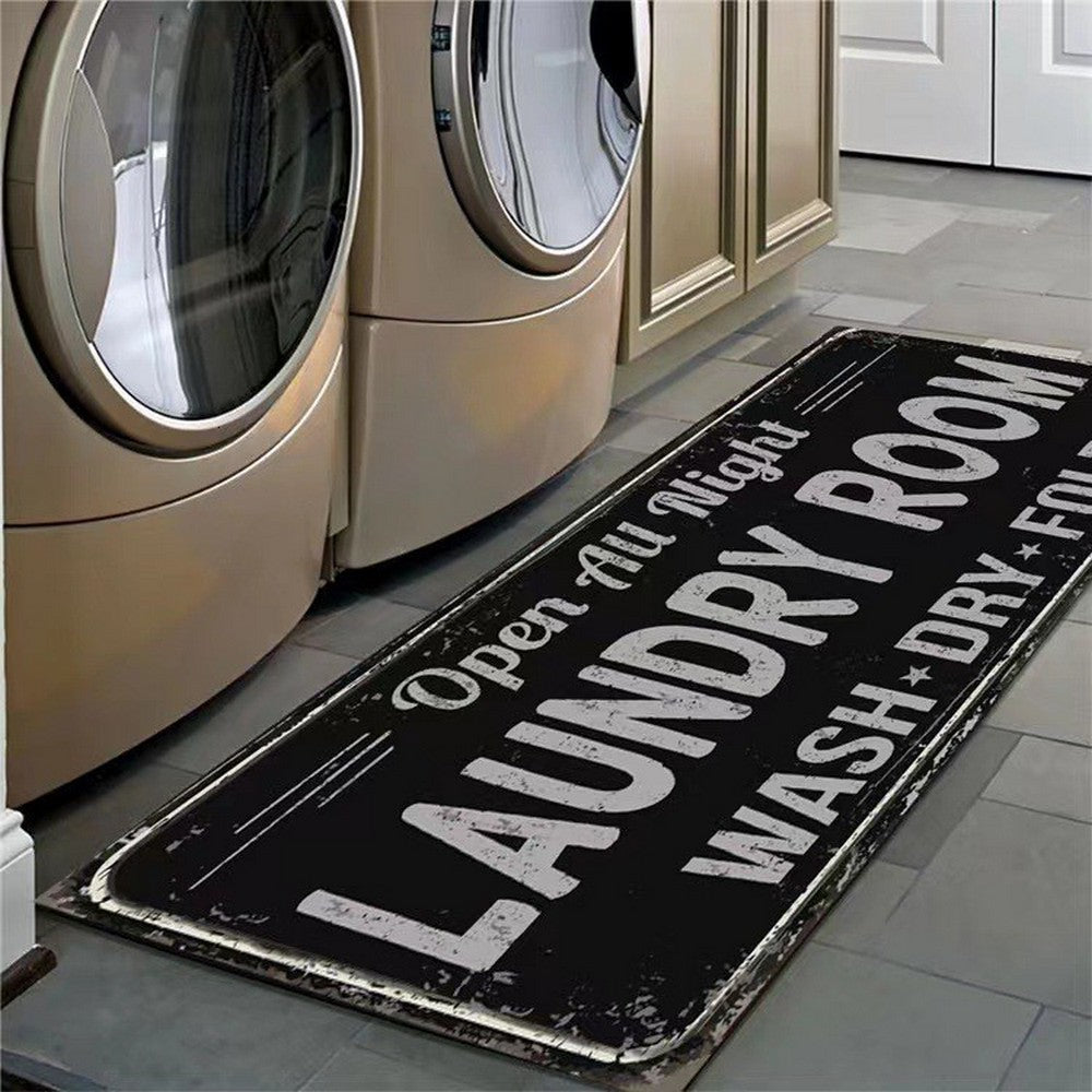 Farmhouse Laundry Room Rug Non Slip Waterproof Laundry Floor Mat-Black