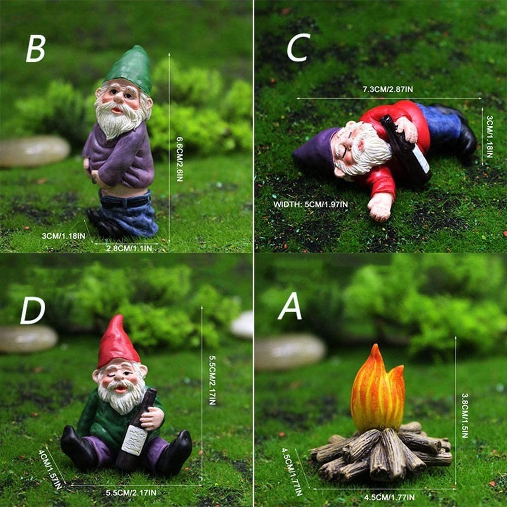 4-Pack Mini Drunk Dwarf Resin Gnomes Statues Garden Decor