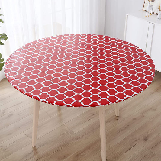 Waterproof Elastic Edge Round PVC Tablecloth for Kitchen-Red