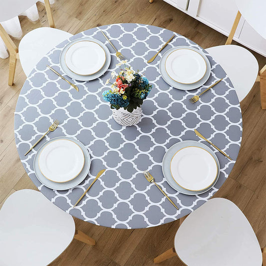 Waterproof Elastic Edge Round PVC Tablecloth for Kitchen-Grey