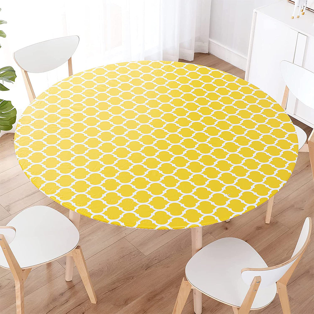 Waterproof Elastic Edge Round PVC Tablecloth for Kitchen-Yellow