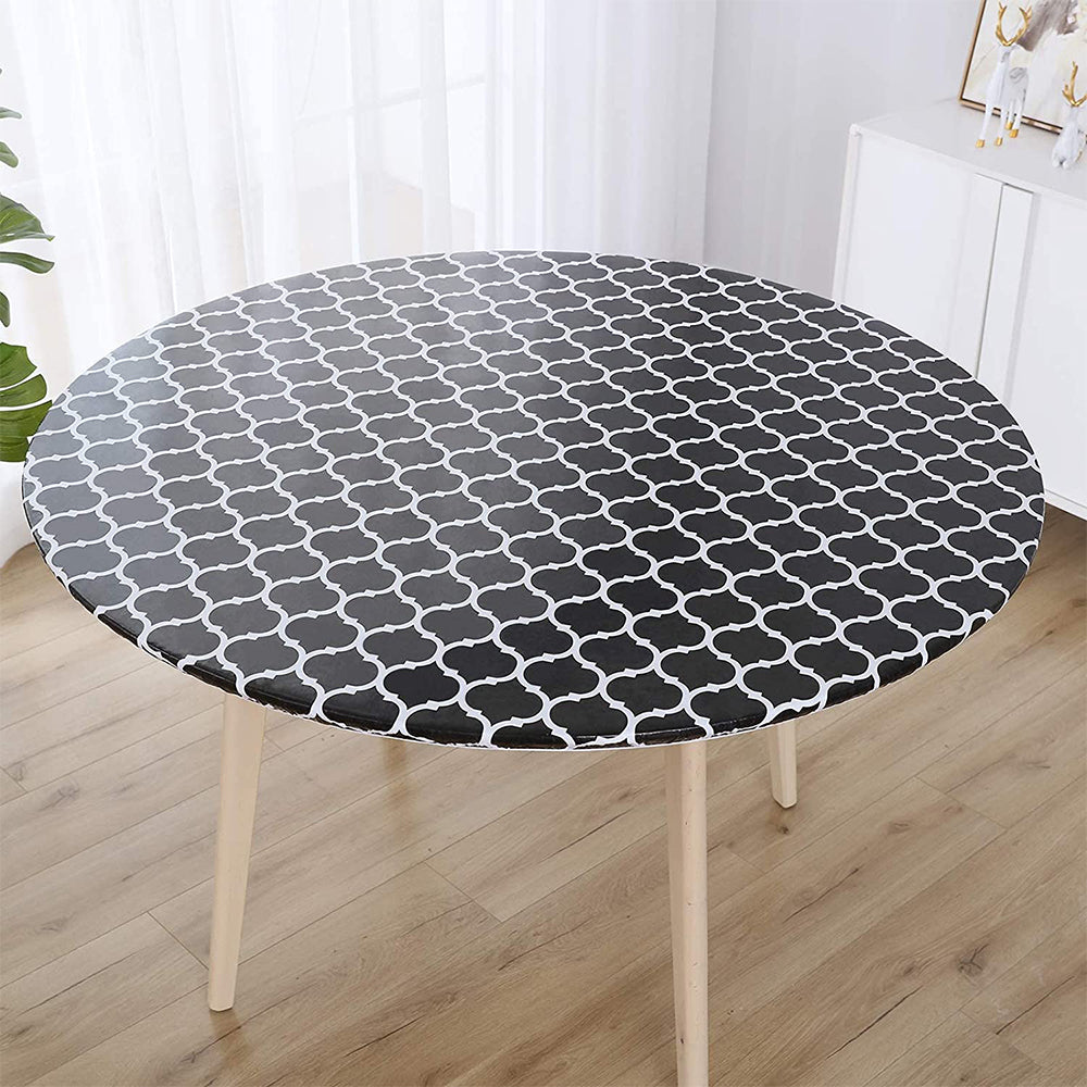 Waterproof Wipeable Elastic Edge Round PVC Tablecloth for Kitchen-Black