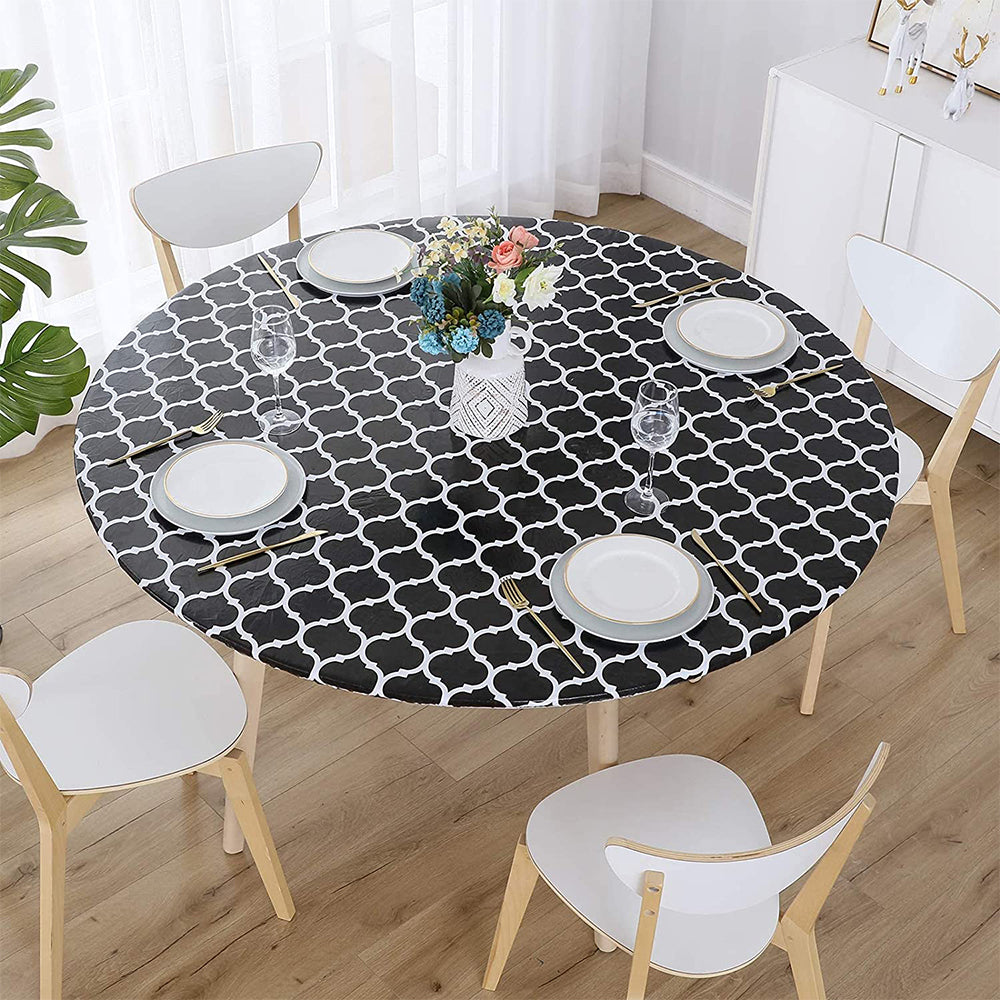 Waterproof Wipeable Elastic Edge Round PVC Tablecloth for Kitchen-Black