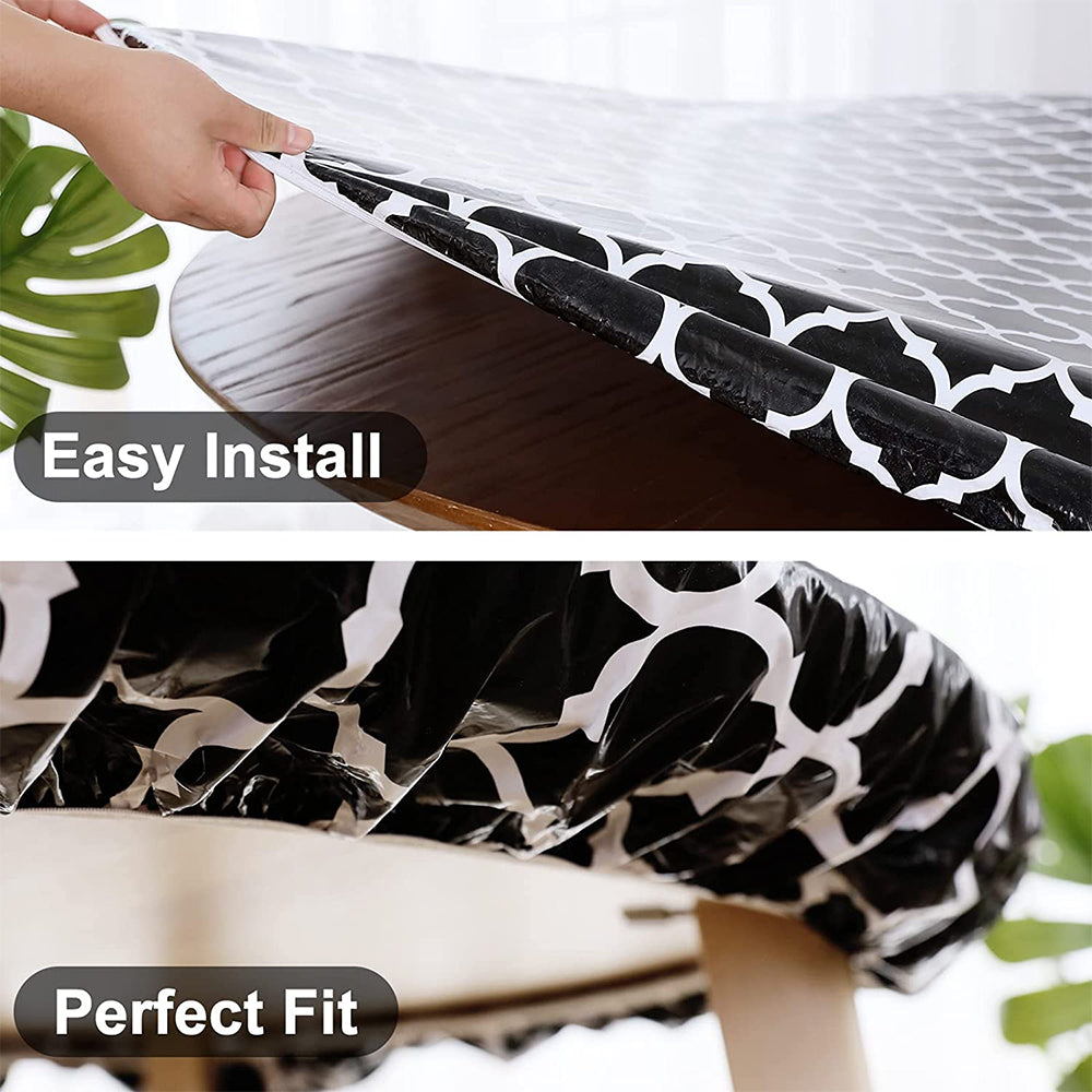 Waterproof Wipeable Elastic Edge Round PVC Tablecloth for Kitchen-Black