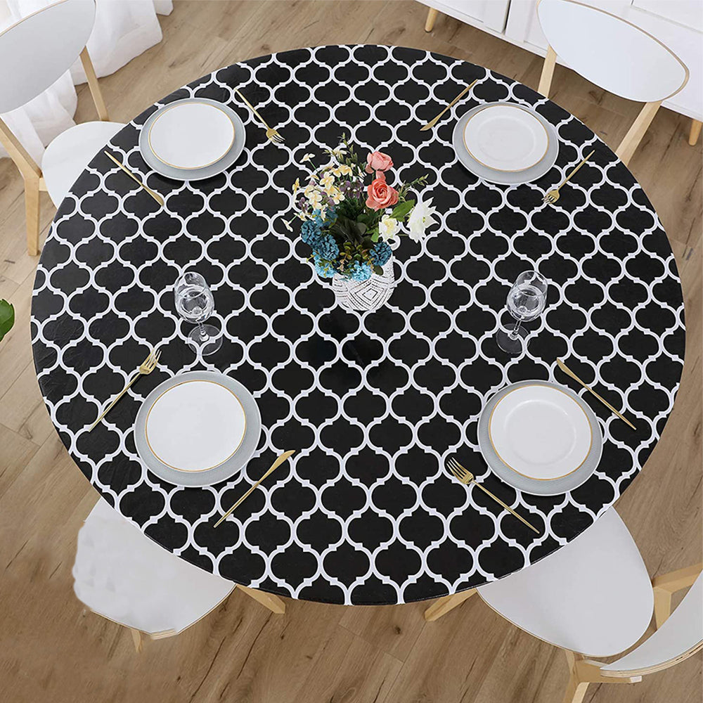 Waterproof Wipeable Elastic Edge Round PVC Tablecloth for Kitchen-Black