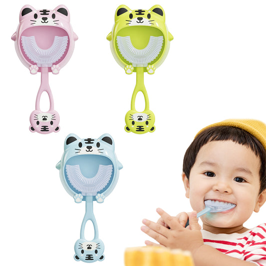U Shaped Kids Soft Silicone Toothbrush with Cute Animal Shaped Self-Adhesive Bracket for Ages 2-12