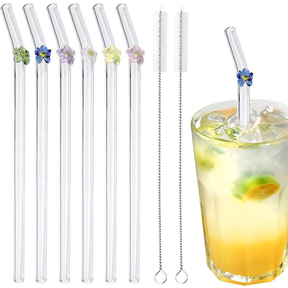 Set of 6pcs Flowers Design Reusable Drinking Glass Straws with 2pcs Cleaning Brushes