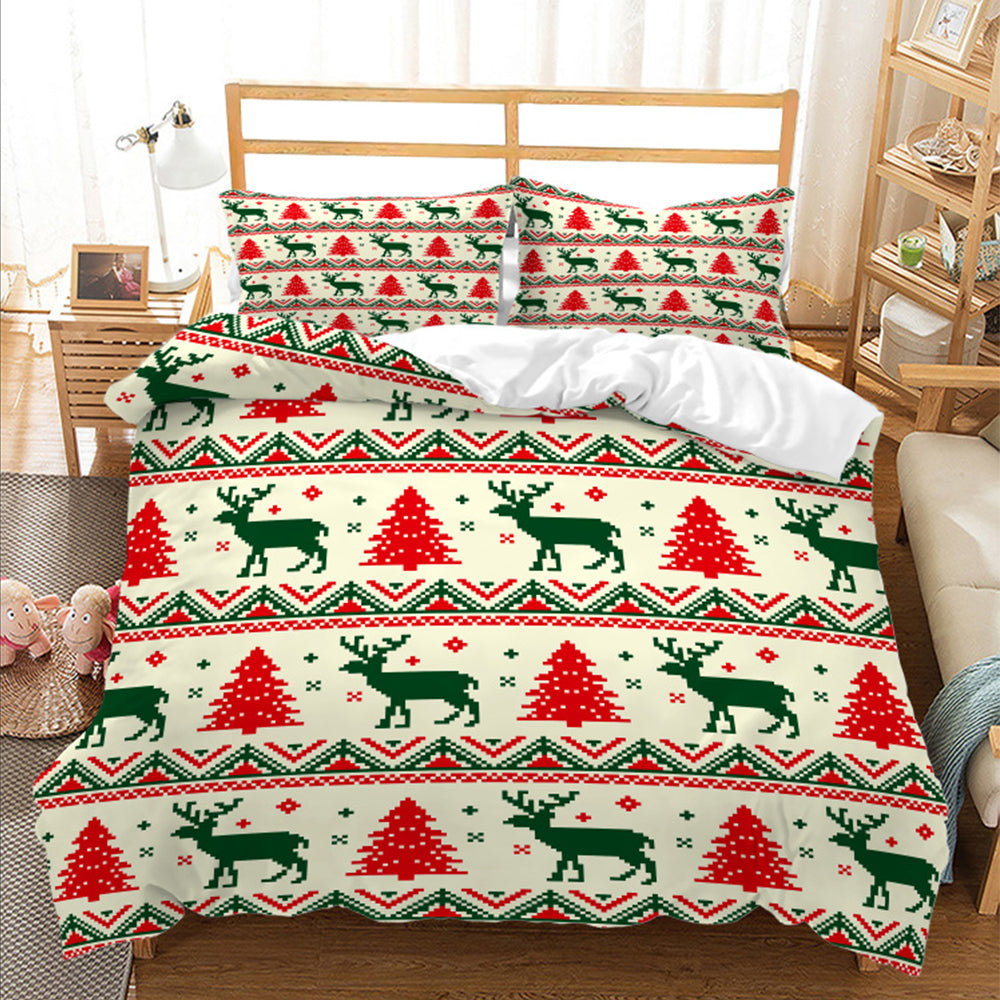 Christmas 3pcs Bedding Set Double Queen King Size Quilt Cover Pillowcases Set-Green and Red