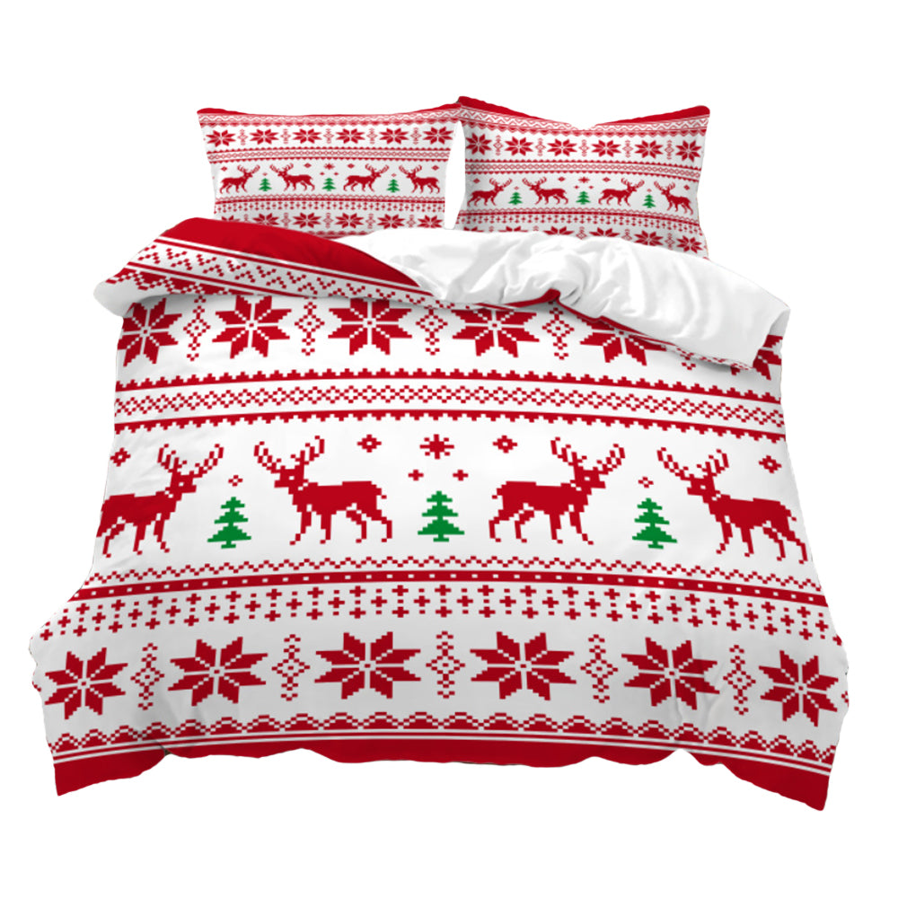 Christmas 3pcs Bedding Set Double Queen King Size Quilt Cover Pillowcases Set-Red