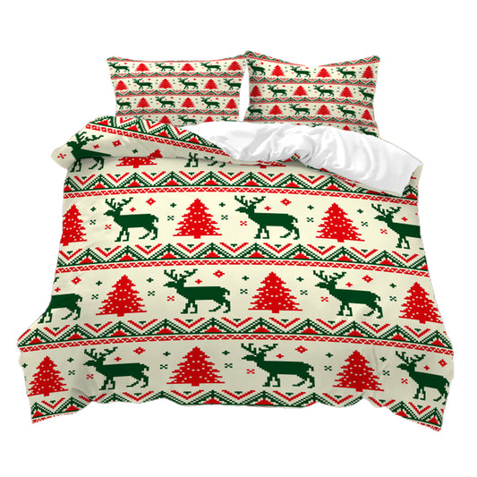 Christmas 3pcs Bedding Set Double Queen King Size Quilt Cover Pillowcases Set-Green and Red