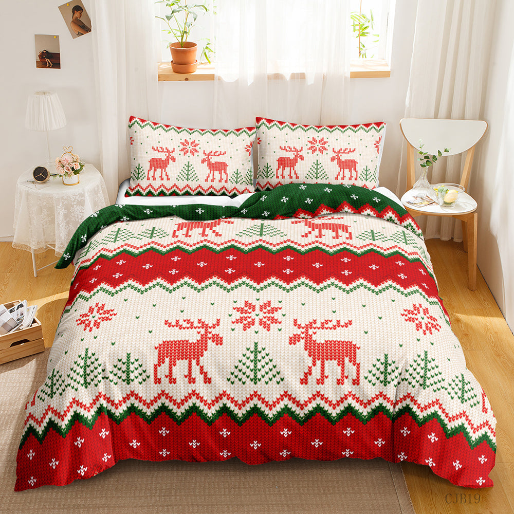 Christmas 3pcs Bedding Set Double Queen King Size Quilt Cover Pillowcases Set-Elk