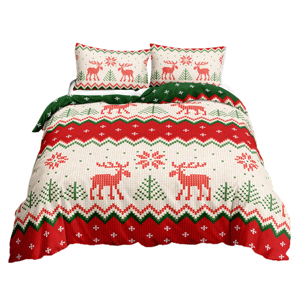 Christmas 3pcs Bedding Set Double Queen King Size Quilt Cover Pillowcases Set-Elk