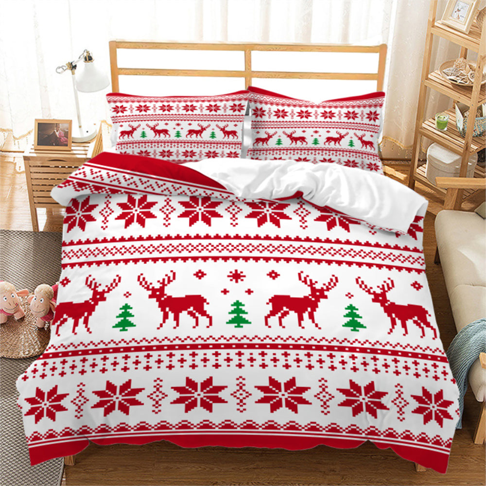 Christmas 3pcs Bedding Set Double Queen King Size Quilt Cover Pillowcases Set-Red