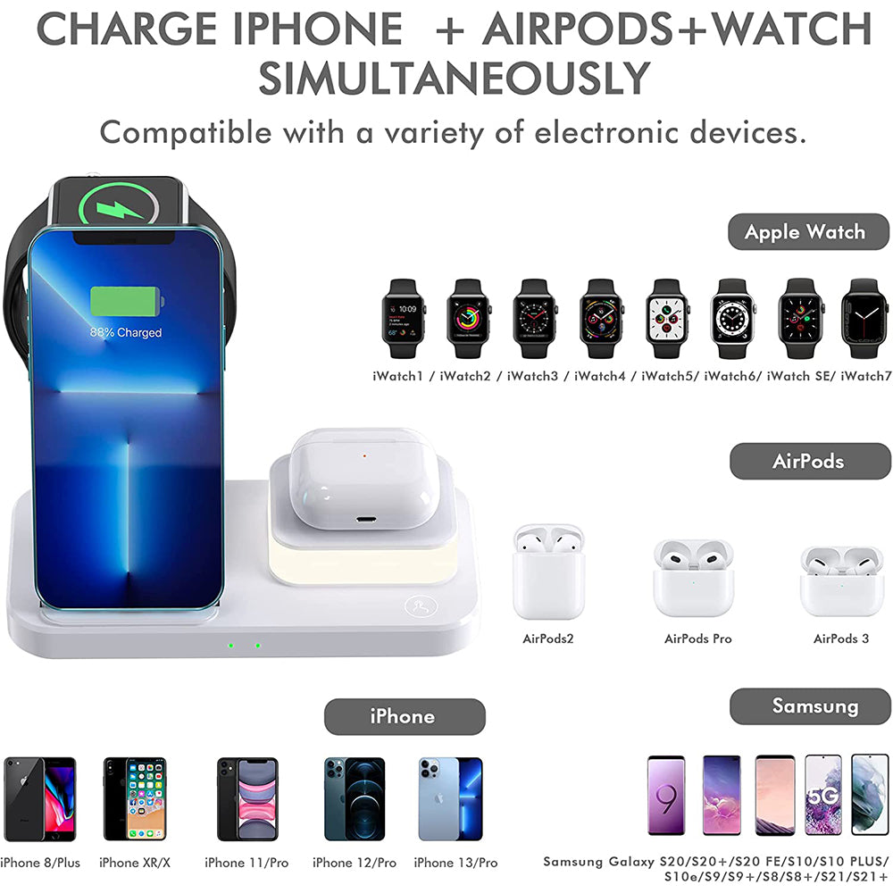 4 in 1 Folding  USB Plug Wireless Charger with Touch Lamp for Phone Apple Watch Airpods