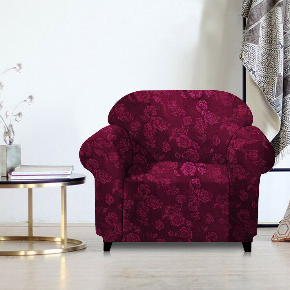 Vintage Embossed Flower Sofa Cover Stretch Chair Couch Slipcovers-Wine Red