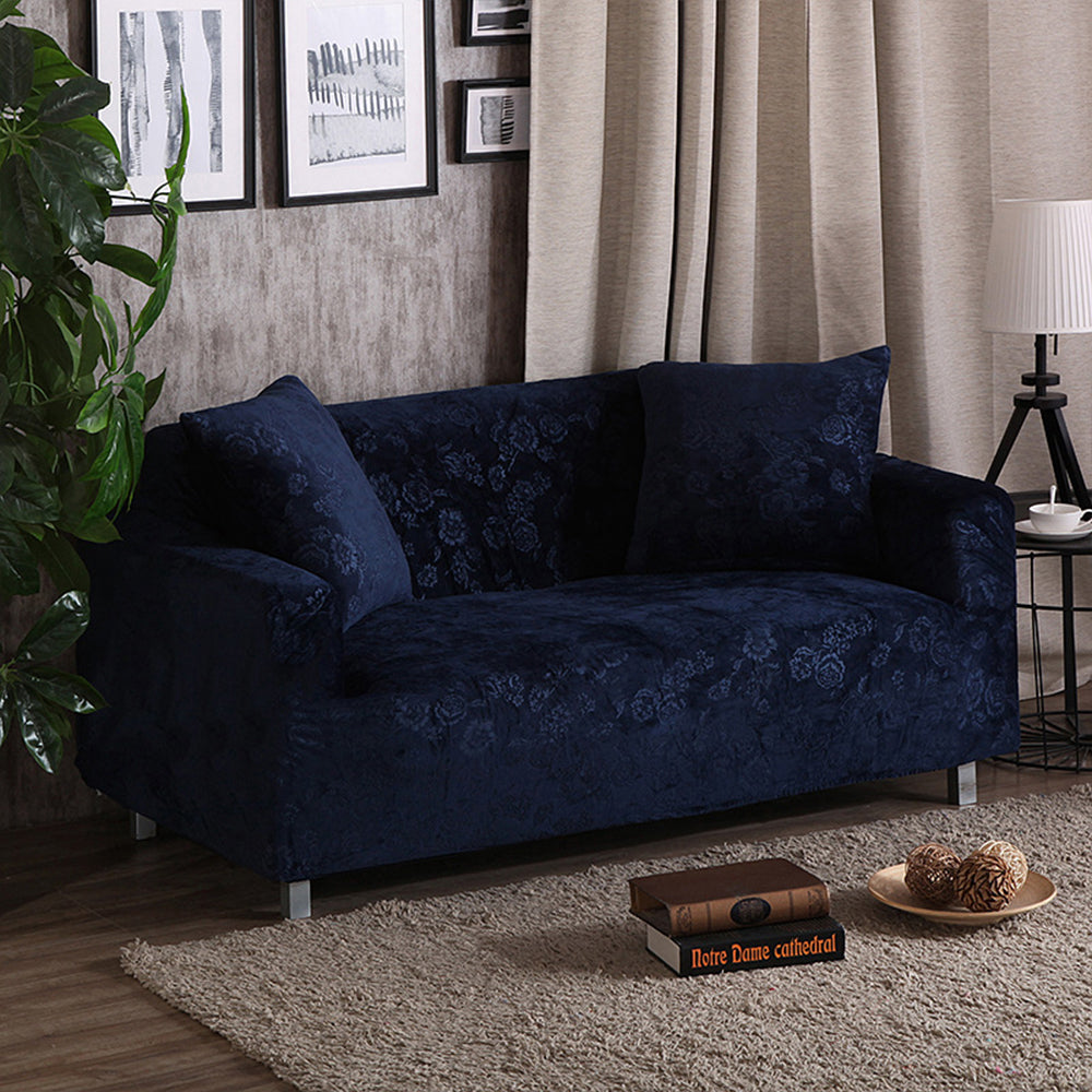 Vintage Embossed Flower Sofa Cover Stretch Chair Couch Slipcovers-Dark Blue