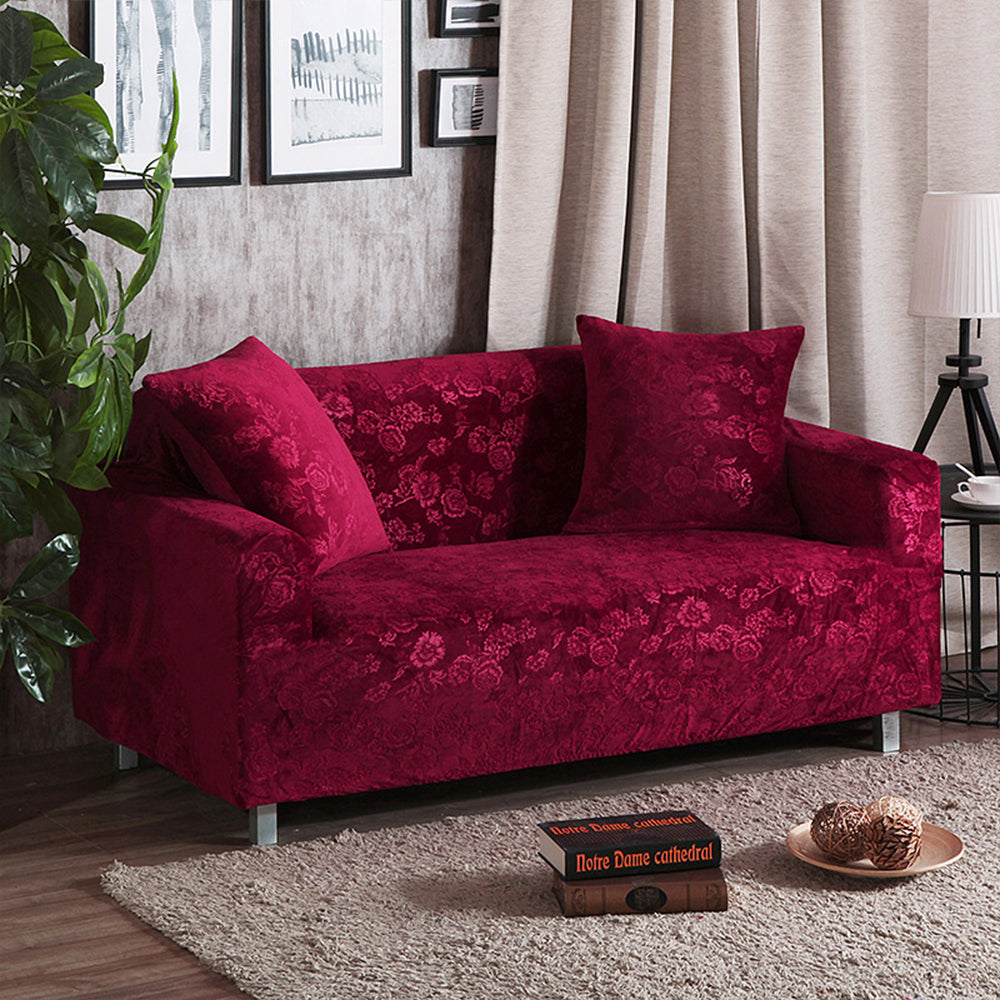 Vintage Embossed Flower Sofa Cover Stretch Chair Couch Slipcovers-Wine Red