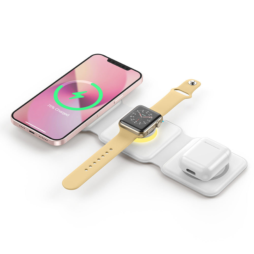 3 in 1 Foldable Adsorbable Iron USB Qi Wireless Fast Charging Station with Night Light for Phone Apple Watch Airpods