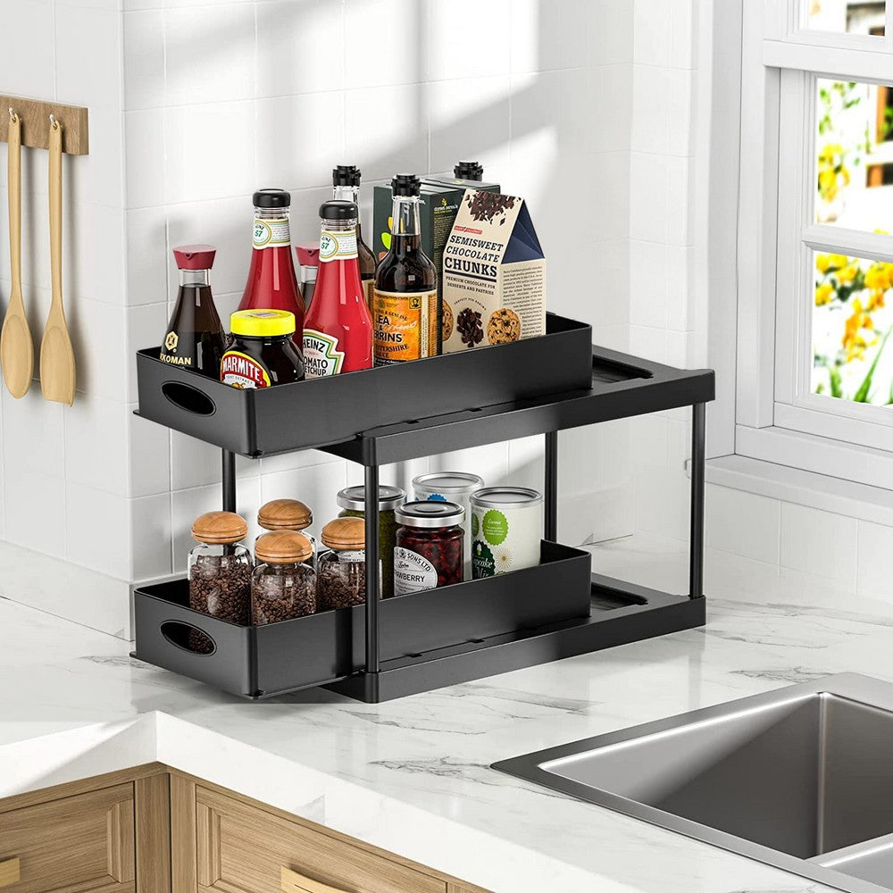 2 Tier Under Sink Kitchen Bathroom Countertop Organizer-Double-layer pull-out