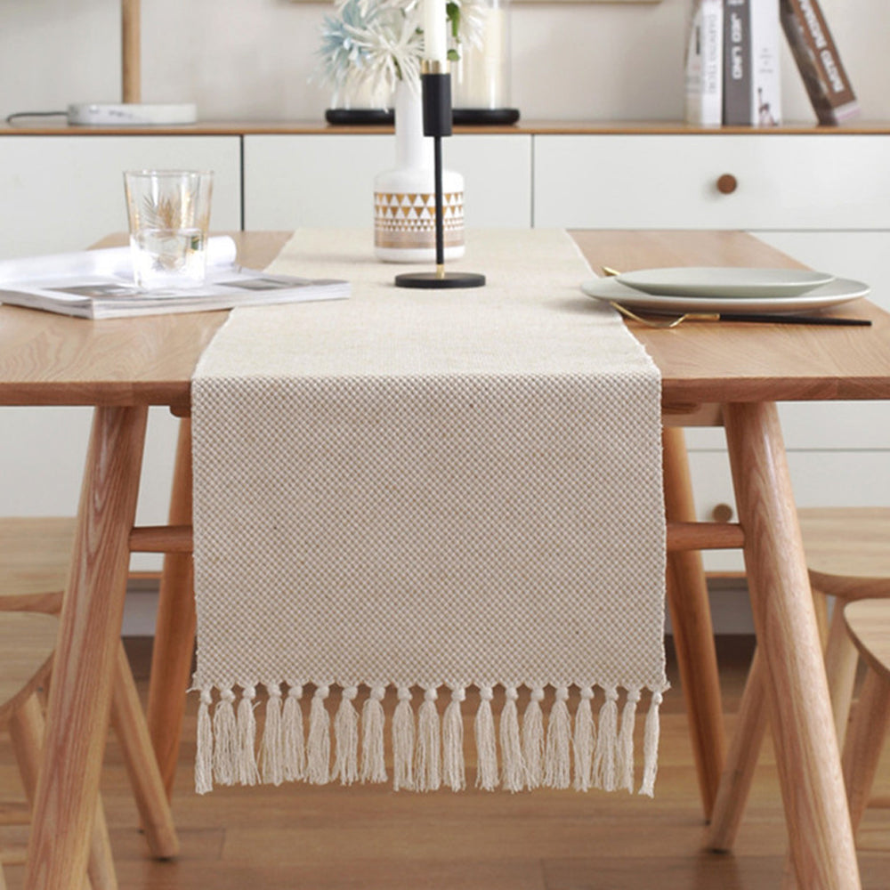 Cotton Linen Weave Table Runner with Tassels