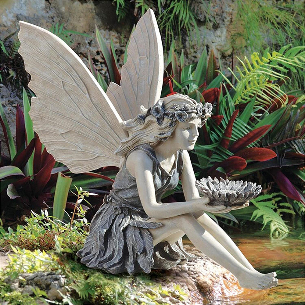 2Pcs Garden Sitting Fairy Resin Statue Bird Feeder