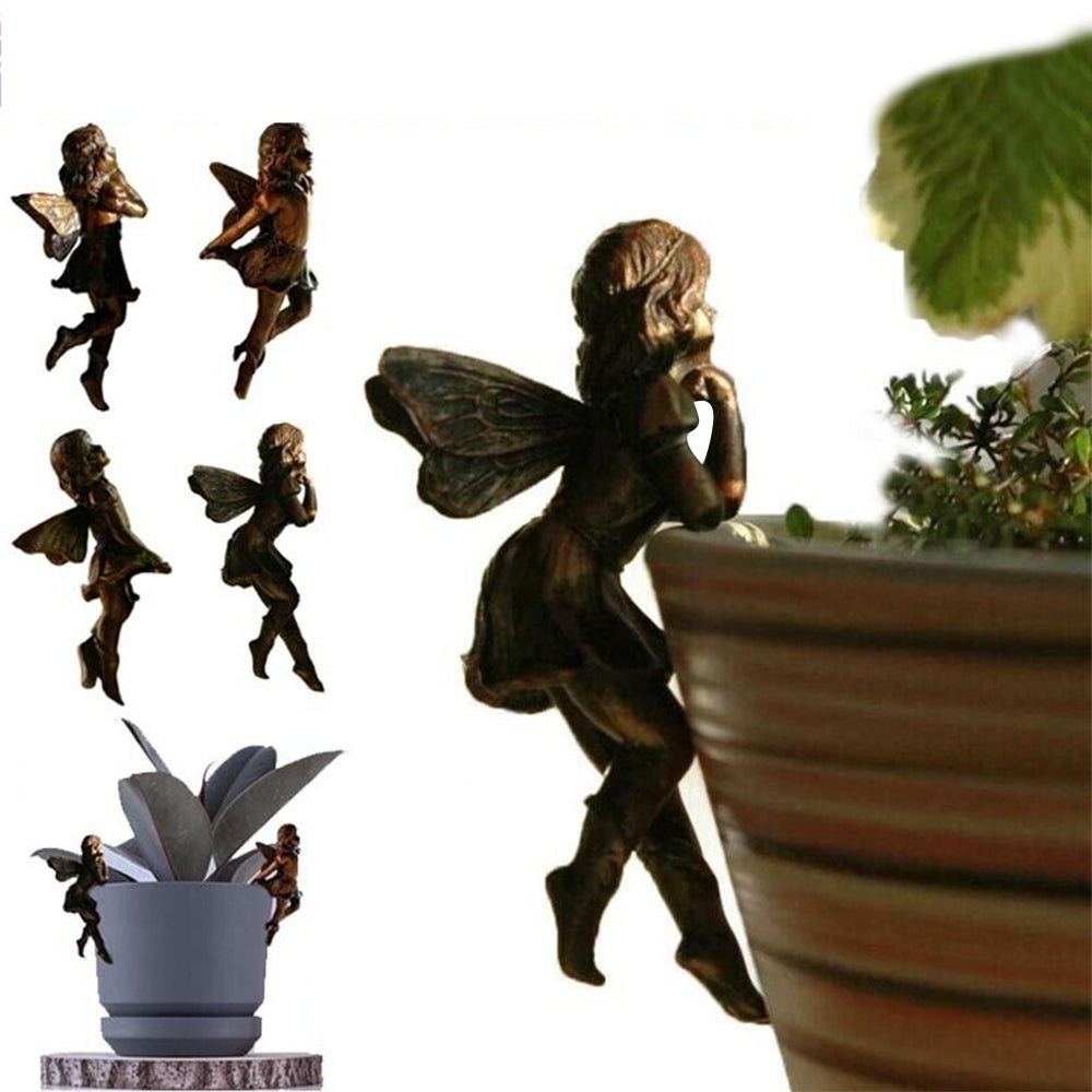 4Pcs Garden Fairy Statue Girl Hanging Cup Resin Sculpture Flower Basket Edge Decoration