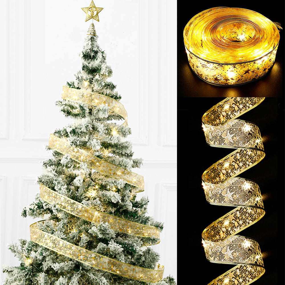 5 Meters Christmas Tree LED Ribbon Bow Hanging Light Up Topper Lights-Gold