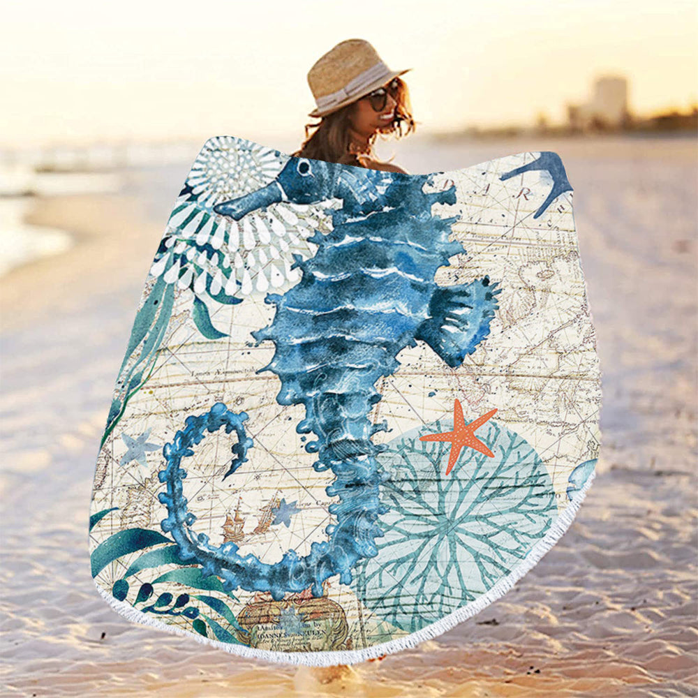 150CM Microfiber Round Beach Towel With Tassels - Undersea World -Seahorse