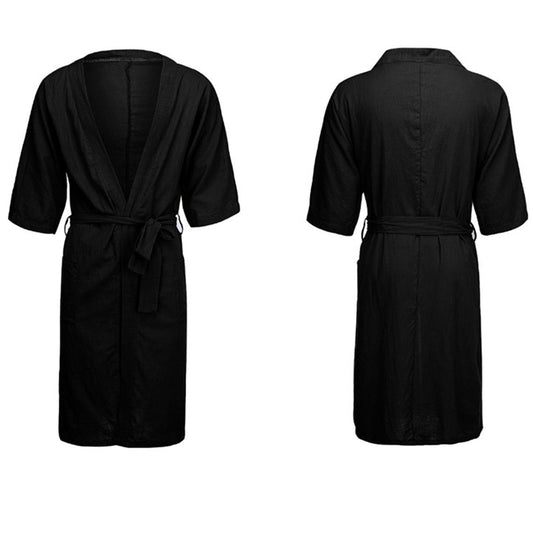 Men Cotton-Linen Bathrobe Black