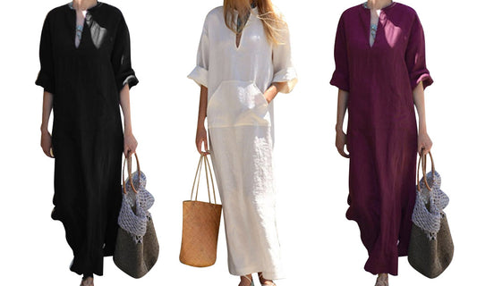 Women Cotton Linen Dress with Bib Pockets Side Slit Maxi Dress