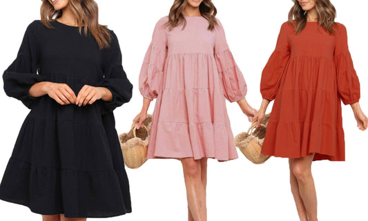 Cotton Linen Puff Sleeves Dress