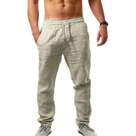 Men's Cotton Linen Pants Breathable Loose Drawstring Yoga Trousers-Khaki