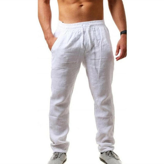 Men's Cotton Linen Pants Breathable Loose Drawstring Yoga Trousers-White