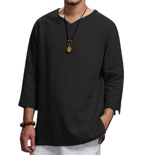 Men's 3/4 Sleeve Cotton-Linen Top Black