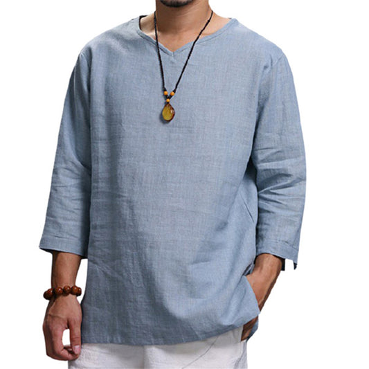 Men's 3/4 Sleeve Cotton-Linen Top Blue