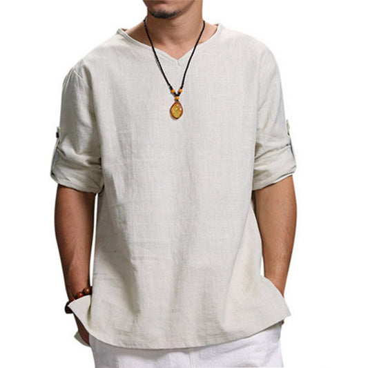 Men's 3/4 Sleeve Cotton-Linen Top White