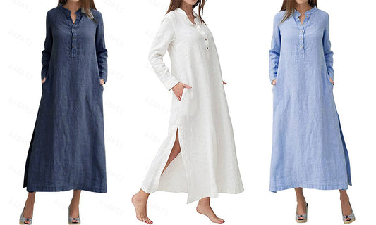 Women Cotton Blend Long Sleeve Button Down Relaxed Maxi Dress