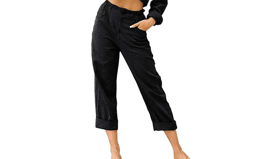 Women's Elasticated Waist Pants With Pockets -Black